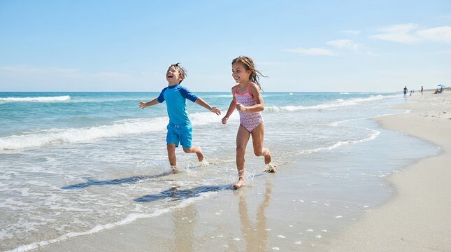 Two happy children running along the ocean shoreline on a sunny day.