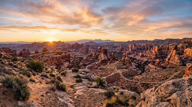 Vibrant desert landscape at sunrise with dramatic rock formations and colorful sky.