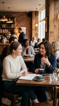Two women in a cafe discussing business over coffee and notebooks.