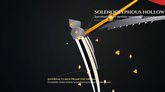 Detailed animation of viper snake venom injection mechanism showing solenoglyphous hollow fang penetrating skin, musculus compressor glandulae contracting, and venom flowing through primary duct