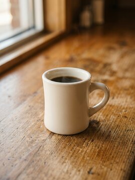 Warm Coffee Mug on a Wooden Table by the Window.