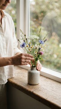 Woman arranging wildflowers in a vase by the window.