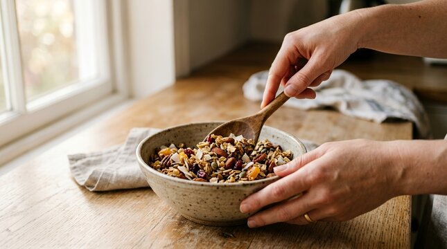 Woman preparing healthy breakfast granola in a bowl with a wooden spoon.