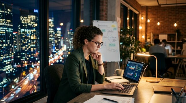 Woman working late at night in modern office with city view.