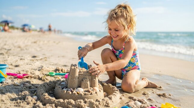 Young girl happily building a sandcastle on a sunny beach by the ocean.