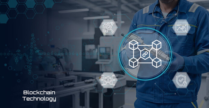 Industrial worker using blockchain technology in smart factory with data analytics and security icons