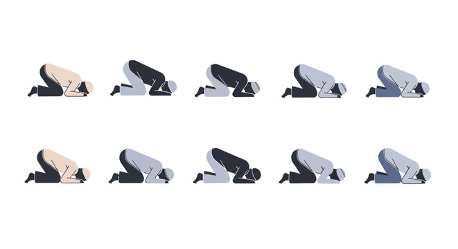 Set of flat vector illustrations showing a man performing Islamic prayer prostration.