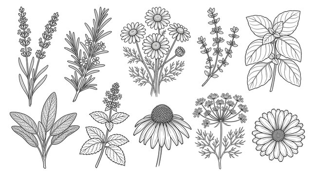 Vintage botanical herb illustration set, hand drawn black and white culinary plant line art, medicinal herbs sketch for packaging design