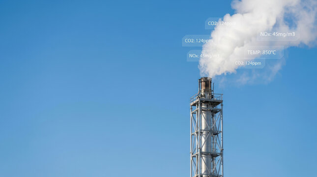 Artificial intelligence oil gas emission monitoring industrial smokestack under blue sky
