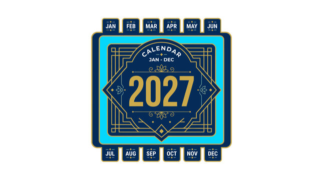 Art Deco 2027 Calendar Cover with Monthly Index Tabs Vector Illustration