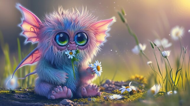 Adorable Fluffy Monster with Large Innocent Eyes and Pastel Fur Sitting in a Sunlit Spring Meadow Holding White Daisy Flowers, Cute Fantasy Creature in a Magical Dreamy Nature Background