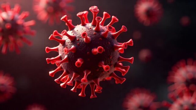 Microscopic Loop of Red Coronavirus Pathogen Cell Floating in Biological Fluid