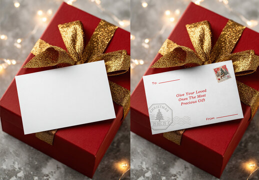 Festive Gift Box With Card Mockup PSD