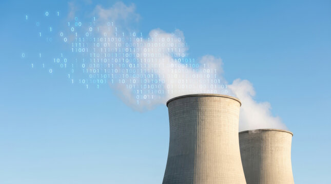 Cooling tower emitting vapor with artificial intelligence symbols above oil and gas facility under blue sky