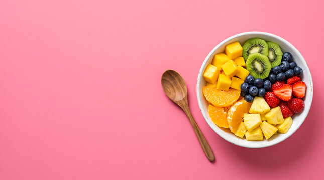 Bowl of tropical fruit with kiwi mango and berries on pink