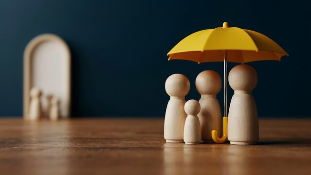 Yellow umbrella protecting wooden family figures as metaphor for insurance security and financial stability placed on wooden table with dark background wall.