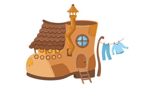 Whimsical fairy tale shoe house vector illustration featuring a boot home with laundry isolated on white