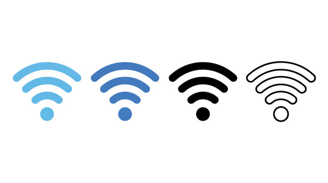 Set of wireless wifi signal icons in blue and black on white background for internet connectivity and network design