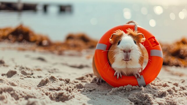Adorable Guinea Pig Wearing a Bright Orange Life Buoy on a Sunny Sandy Beach Background, Cute Pet Enjoying Summer Vacation and Tropical Holiday Concept, Whimsical Animal Portrait by the Sea