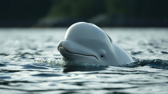 Adorable White Beluga Whale Surfacing from Calm Blue Ocean Waters in Its Natural Arctic Habitat, Close-up Portrait of a Friendly Smiling Marine Mammal in Wide Cinematic 16:9 Aspect Ratio