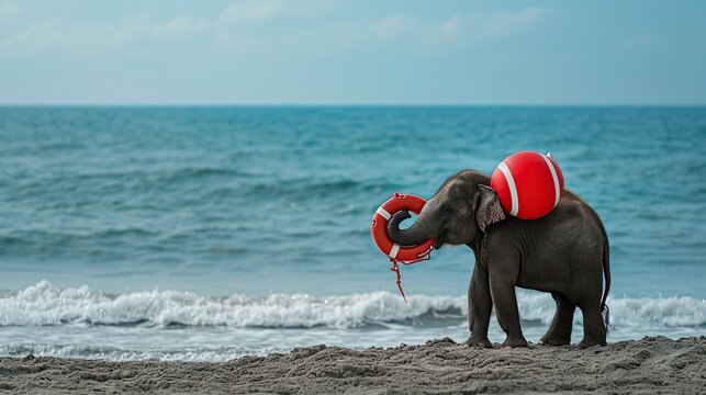 Adorable Young Elephant Carrying a Red Life Buoy and Buoy Ball While Walking Along a Sunny Beach with Waves, Surreal Summer Vacation and Ocean Safety Concept Illustration