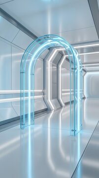 A sleek modern transparent glass archway glows with soft blue LED light in a futuristic corridor, creating a luminous and clean design, spaces, design, structure