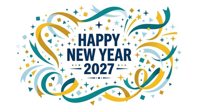 Festive happy new year 2027 greeting card design with colorful swirling ribbons and confetti on white background