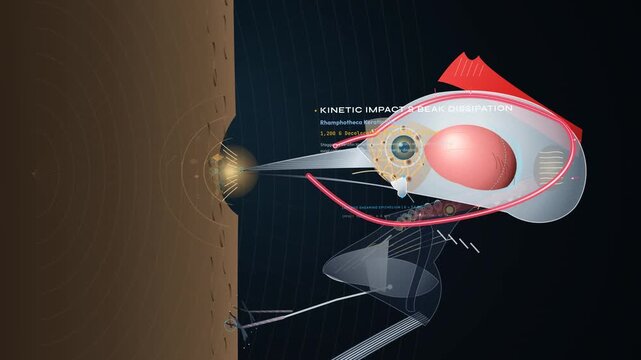 Educational animation of a Dendrocopos major woodpecker demonstrating cranial shock absorber mechanisms like the hyoid apparatus and porous spongy bone attenuation during kinetic impact