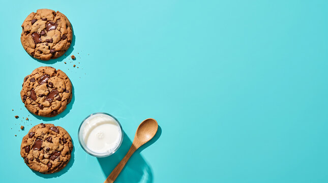 Chocolate chip cookies and glass of milk on teal background