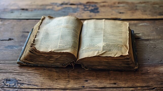 An ancient weathered book lying open on a vintage rustic wooden table, featuring yellowed torn pages with classic typography, symbolizing history, literature, old wisdom, and antique research.