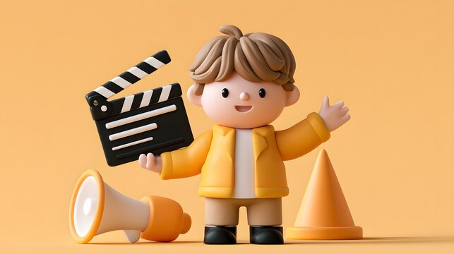 3D cartoon character holding a film clapperboard and megaphone on yellow background with 3D character movie director film production media production entertainment industry character design
