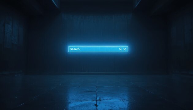 Glowing neon search bar floating in a dark moody industrial room with cinematic blue lighting