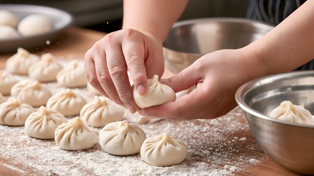 Chef making traditional handmade dumplings on a floured table in a kitchen with dumpling preparation chef hands pinching dough dim sum chinese food asian cuisine food prep culinary arts