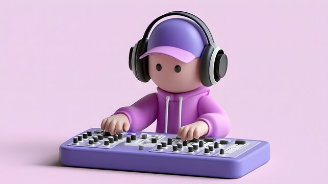 3D character wearing hoodie and headphones working on audio mixing console with 3D character music producer sound engineer recording studio music production audio mixer digital audio gear