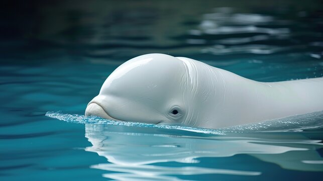 A serene close-up portrait of a majestic Beluga whale swimming in clear blue water, its smooth white head breaking the surface with a gentle expression in a natural or aquarium setting.