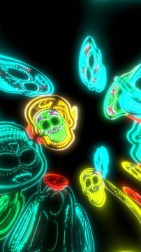 Seamless vertical video of a mexican skulls neon signs. Funny Halloween background