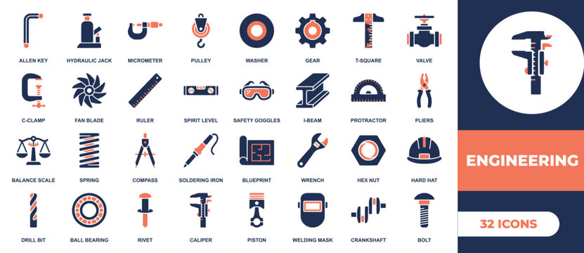 Engineering and construction tools icon set. Containing allen key, micrometer, gear, t-square, valve, c-clamp, spirit level, safety goggles, blueprint, and wrench. Vector solid icons collection.