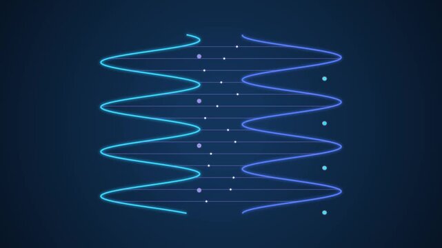 High end cinematic biotechnology visualization, vertical digital DNA double helix, continuous luminous strands, glowing base pairs, microscopic data nodes, opposing phase braid deformation.