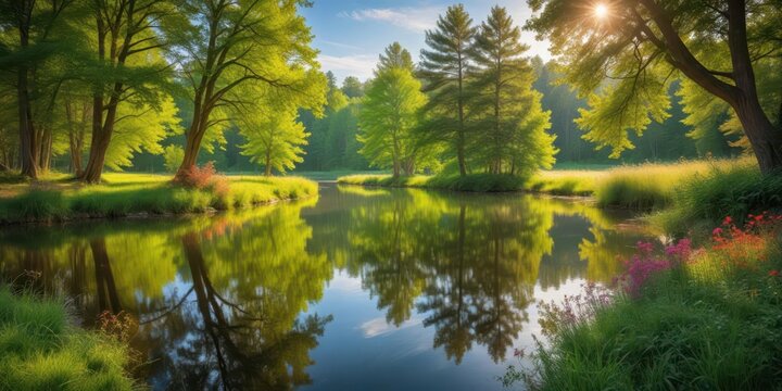 Serene forest scene with trees reflected in a tranquil pond during summer