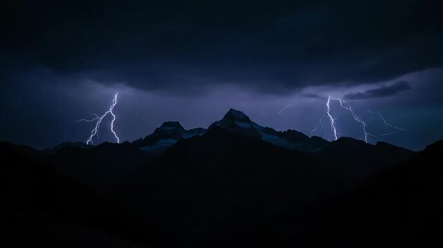 Dramatic lightning bolts striking over dark mountain peaks during a severe nighttime thunderstorm.