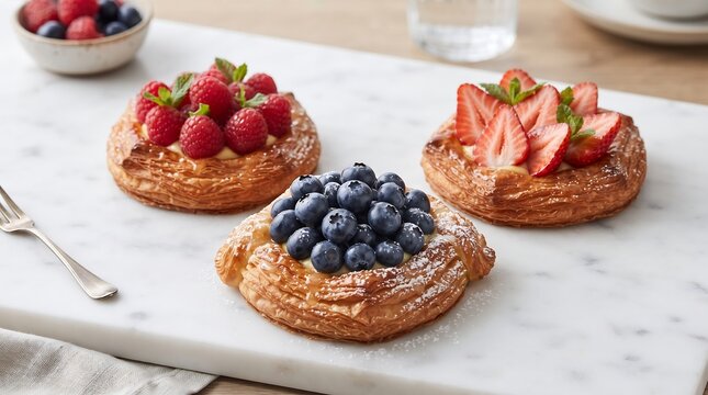 Flaky danish pastry topped with fresh raspberry, blueberry, and strawberry on marble