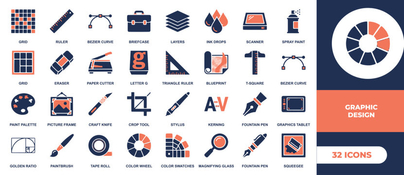 Graphic design tools icon set. Containing grid, ruler, bezier curve, layers, ink drops, paper cutter, blueprint, stylus, kerning, and color wheel. Vector solid icons collection.