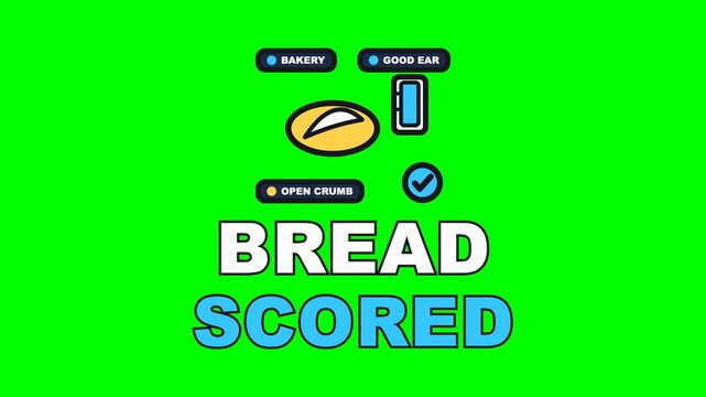 4K green screen BREAD SCORED animated text - the lame drawing the curve and the ear lifting along it, kinetic typography bakery and pastry overlay for baker content, chroma key