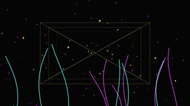 Abstract Neon Lines And Floating Particles In A Rectangular Grid Space
