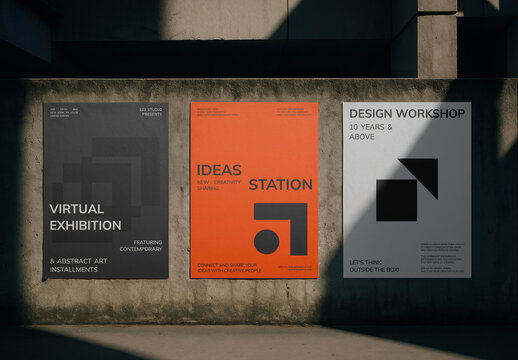 Set Of Three Poster Mockups On A Concrete Wall