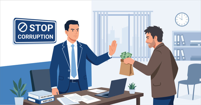 Businessman rejecting a bribe in an office with a stop corruption sign on the wall illustration