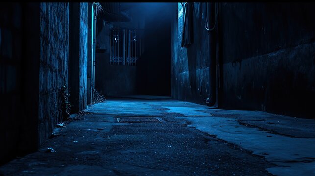 Cinematic Dark Empty Street at Night with Eerie Blue Lighting, Abandoned Narrow Alleyway Background for Mystery and Suspense Concept, Moody Urban Cityscape Scenery with Cracked Asphalt Pavement