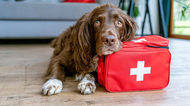 A brown spaniel dog rests its head on a red first aid kit. The setting is a cozy indoor space with wooden flooring and a modern decor.