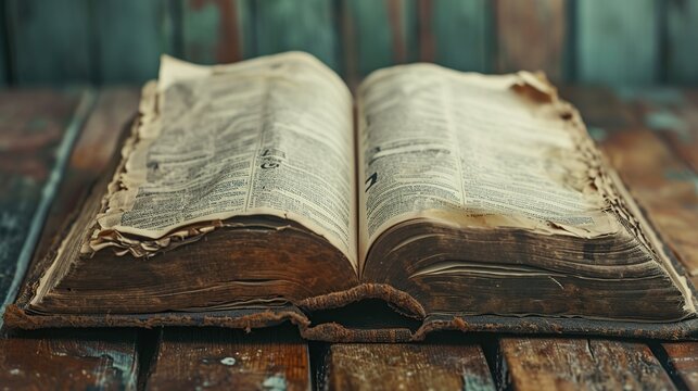 Close-up of an ancient weathered book with yellowed frayed pages lying open on a rustic vintage wooden table, representing history, wisdom, classical literature and antique collection.