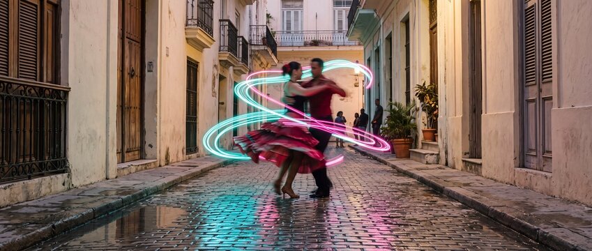 Vibrant Hispanic dancers perform traditional steps on an old cobblestone street illuminated by glowing neon light trails